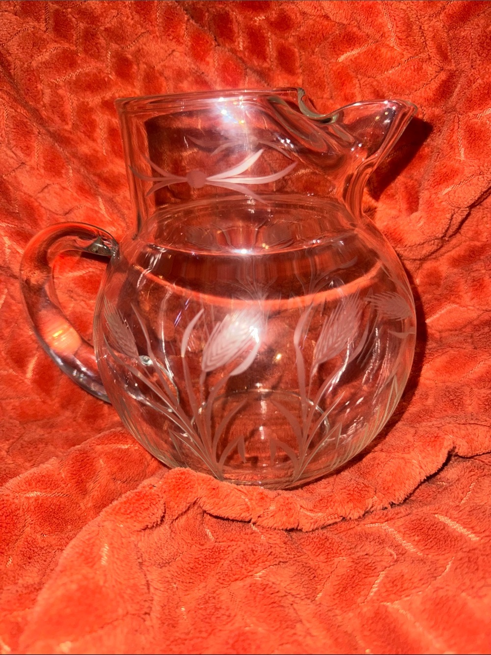 Vintage Etched Glass Water Pitcher Farmhouse Wheat Sheaf Pattern Jug 7.5”